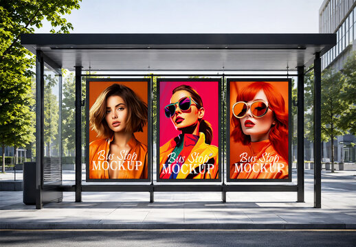 Modern Bus Stop Advertising Mockup Featuring Fashion Portrait Poster