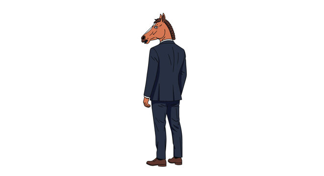 Surreal illustration of a man in a business suit with a horse head looking back over his shoulder on white background.