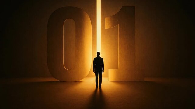 Lone silhouette stands between oversized 0 and 1, bathed in warm glowing light