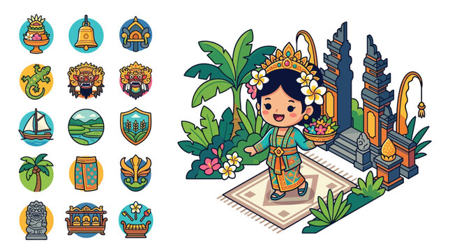Chibi Balinese dancer in traditional kebaya holding floral offerings by a temple gate, accompanied by cultural icons including Barong masks, gecko, rice fields, and Jukung boat.