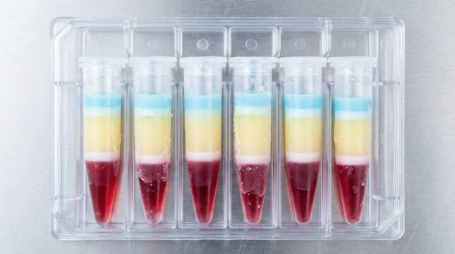 Row of six plastic microcentrifuge tubes in a clear rack containing distinct stratified colored liquid layers from density gradient separation on a laboratory bench surface.