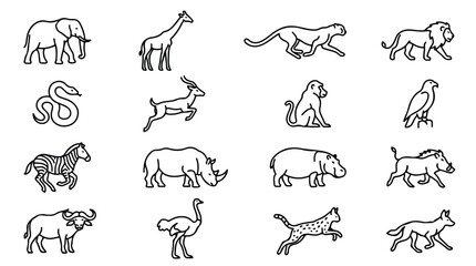 African safari animal icons set, 16 wild wildlife line art vectors, minimalist zoo animal silhouettes for educational nature infographics © Sidra