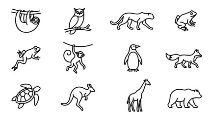 Fototapeta premium Minimalist animal line icons set, black outline wildlife vector illustrations, collection of 12 modern zoo and nature animal symbols for web design