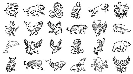 Vintage animal tattoo flash set, 24 black and white wildlife line art icons, retro woodcut style predator and mythical creature vector illustrations © Sidra