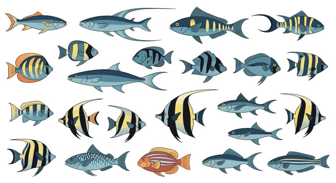 Diverse collection of various tropical and marine fish species including angelfish and tuna isolated on a white background.
