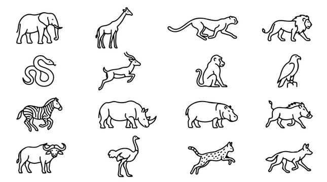 African safari animal icons set, 16 wild wildlife line art vectors, minimalist zoo animal silhouettes for educational nature infographics
