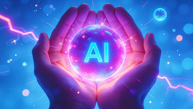 Hands cradling a glowing purple and blue sphere with ai text in the center surrounded by sparks and lightning on a blue background with colorful dots