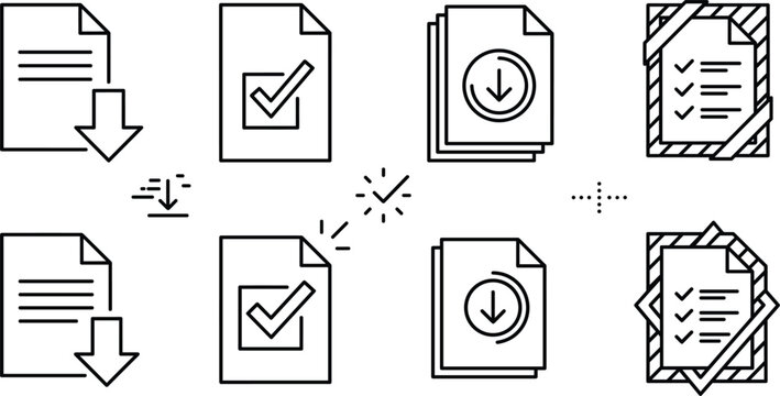 Document management icon set with file download arrow checklist approval verification certificate frame and office data paper sheets