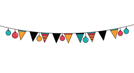 Fototapeta premium Colorful festive party banner with triangular flags and hanging Christmas ball ornaments against a white background.