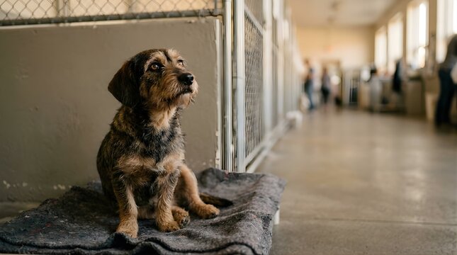 A lonely mixed breed dog sitting on a blanket inside an animal shelter