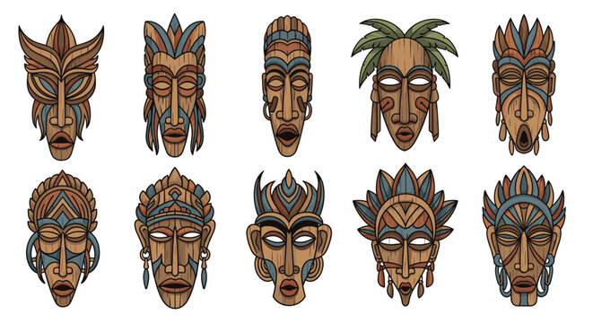Comprehensive collection of ten unique traditional wooden tiki masks featuring various colors, shapes, and tribal designs.