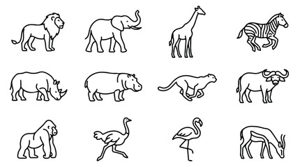 African safari animal icons set, 12 minimalist wildlife line art vectors, black and white savanna zoo animals for educational design and logos © Sidra
