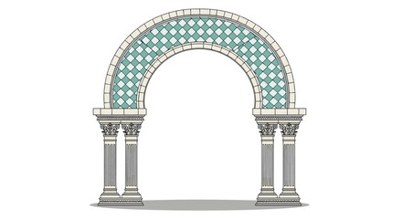 Fototapeta premium Elegant classical stone architectural arch supported by four columns and decorated with green and white diamond tiles.