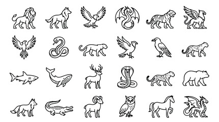 Fototapeta premium Minimalist animal line icons set, 24 wild animal and mythical creature vector illustrations, clean black outline wildlife symbols for logo design