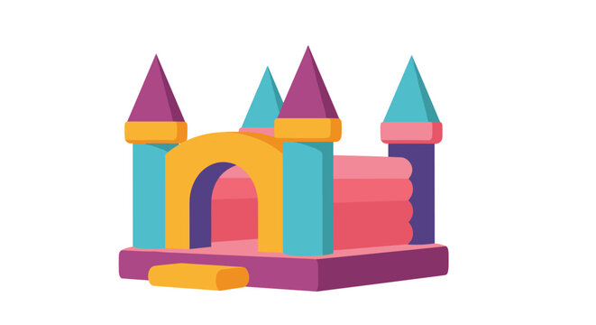 Fun and vibrant colorful inflatable bouncy castle toy for children with towers and an archway on a white background.