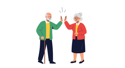 Fototapeta premium Happy elderly couple gives each other a high five to celebrate a success while holding a walking cane in a simple illustration.
