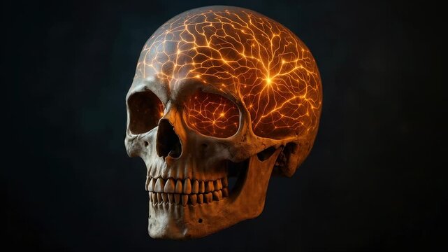 Realistic human skull with fiery orange, web-like cracks across cranium against dark background