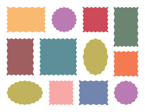 Geometric shapes with scallop and zigzag edges set. Rectangular, round, circle, oval and square scalloped frames. 