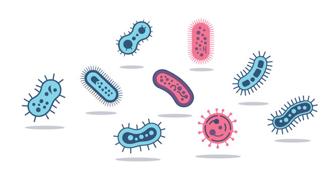 Scientific illustration of various colorful bacteria and virus cells with different shapes and structures in blue and pink.