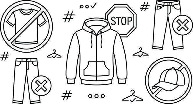 Dress code policy icon set with prohibited t-shirt forbidden jeans stop sign hoodie sweatshirt and banned cap indicators
