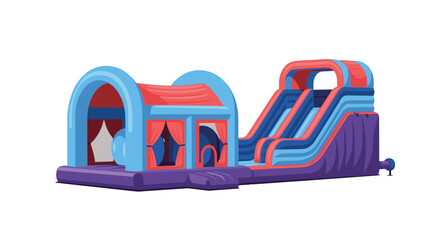 Colorful inflatable bounce house and slide combination stands ready for children to play during a festive outdoor event. © Juell