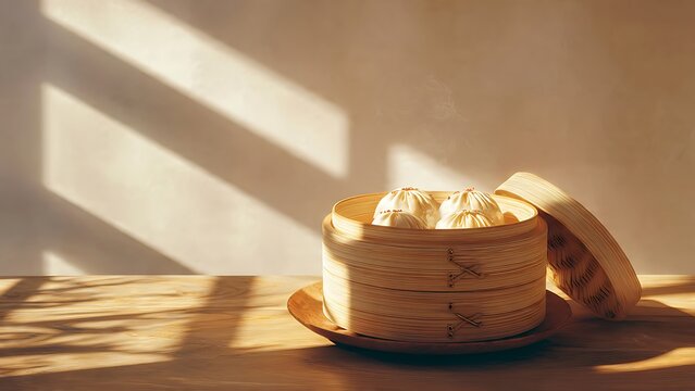 Steamed dumplings in bamboo steamer.