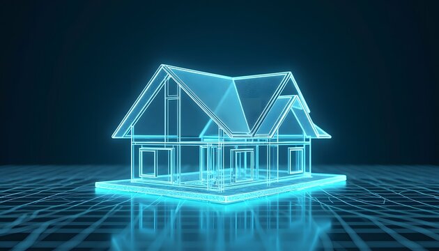 Glowing blue 3d house model on grid surface