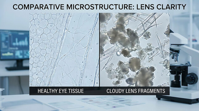 Microscopic Comparison of Healthy Eye Tissue Versus Cloudy Lens Fragments Demonstrating Cellular Structures