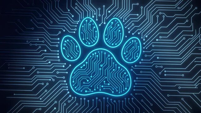 Glowing blue circuit paw print on dark circuitry background