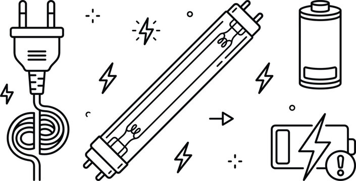 Electrical power icon set with electric plug fluorescent light tube battery cells lightning bolts and low energy alert
