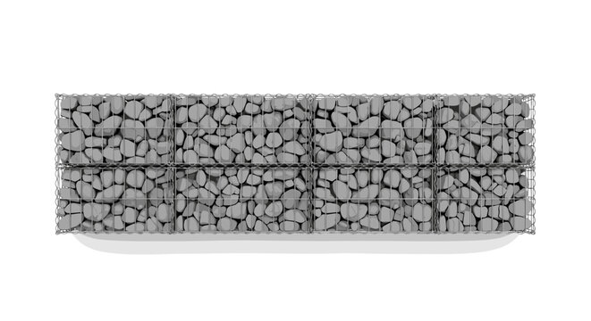Isometric gabion basket with natural stones and steel wire mesh for landscape design architecture concept.