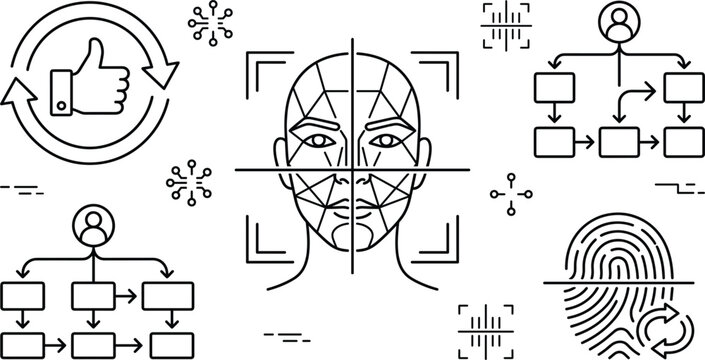 Facial recognition biometric security icon set with fingerprint scan flowchart hierarchy chart and thumbs up verification feedback loops
