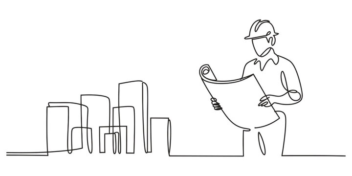Continuous line drawing of an engineer looking at building blueprints