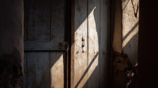 Sunlight casts shadows on weathered wooden doors.