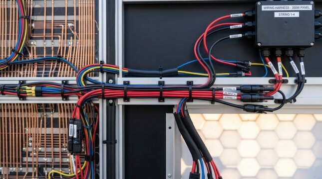 Close-up of an internal 350W solar panel wiring harness showing labeled DC input cables, junction box for strings 1-4, MC4 connectors, and copper busbars on an aluminum frame.