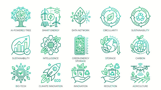 Sustainable AI and Circular Economy Line Icons with Smart Green Technology Elements