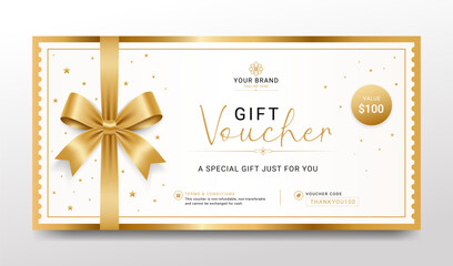 Luxury gold gift voucher template with ribbon bow © StarTemplate