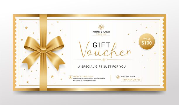 Luxury gold gift voucher template with ribbon bow