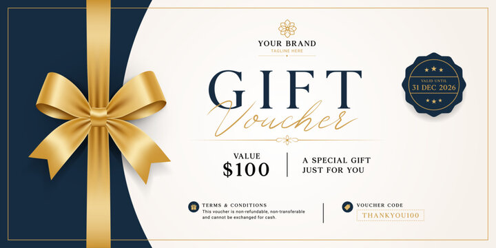 Gift voucher template with elegant ribbon bow design. Golden bow and premium luxury style gift card, certificate, coupon