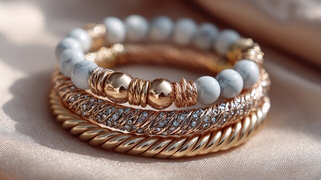 Stacked gold and silver beaded bracelets with pearls on neutral fabric background