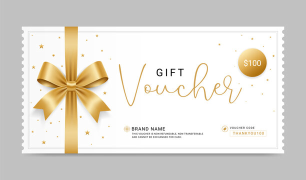 Gift voucher template layout. gift card with gold ribbon and bow