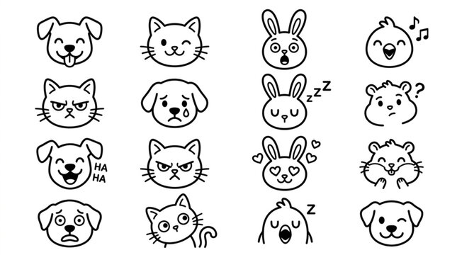 Collection of Cute Hand Drawn Animal Faces Expressing Emotions.
