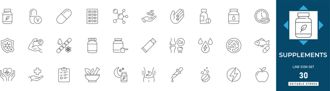 Supplement line icon set featuring vitamins, nutrition, dietary, minerals, pills, capsules, and protein. Professional editable vector illustration for health app and UI UX design.