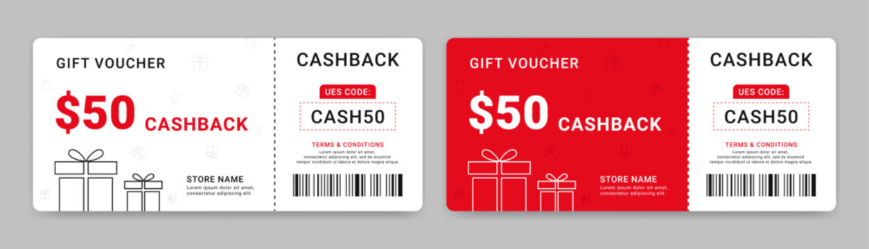 Gift voucher template. Red and white discount gift card with $50 cashback offer. Cashback coupon design layout