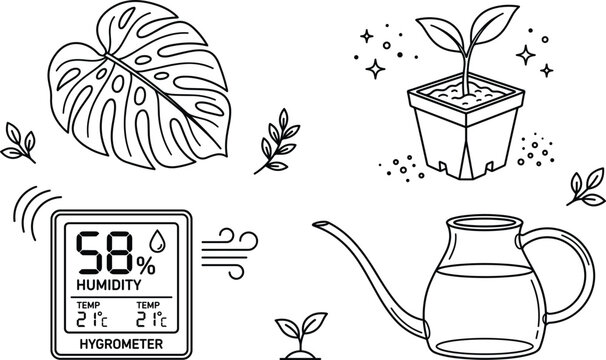 Houseplant care and gardening icon set with monstera leaf potted sprout watering can and digital hygrometer humidity monitor