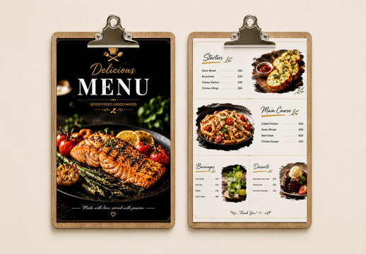 Restaurant Food Menu Design Mockup on Wooden Clipboard
