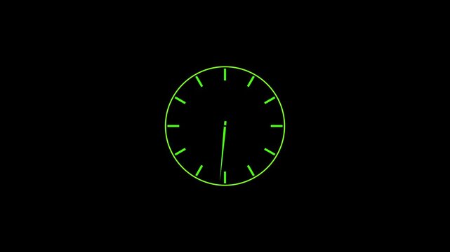 Minimalist green neon analog clock face animation on black background, for time management, concepts watch