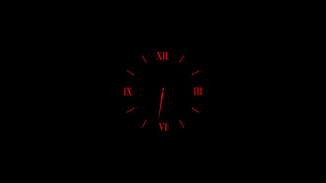 Minimalist red roman numeral clock face on black background, time passing motion roman numerals