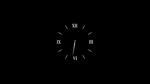 Minimalist analog clock face with moving hands on black background, time passing concept watch dial