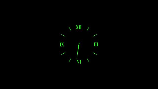 Minimalist neon green analog clock face with roman numerals on black background, time watch